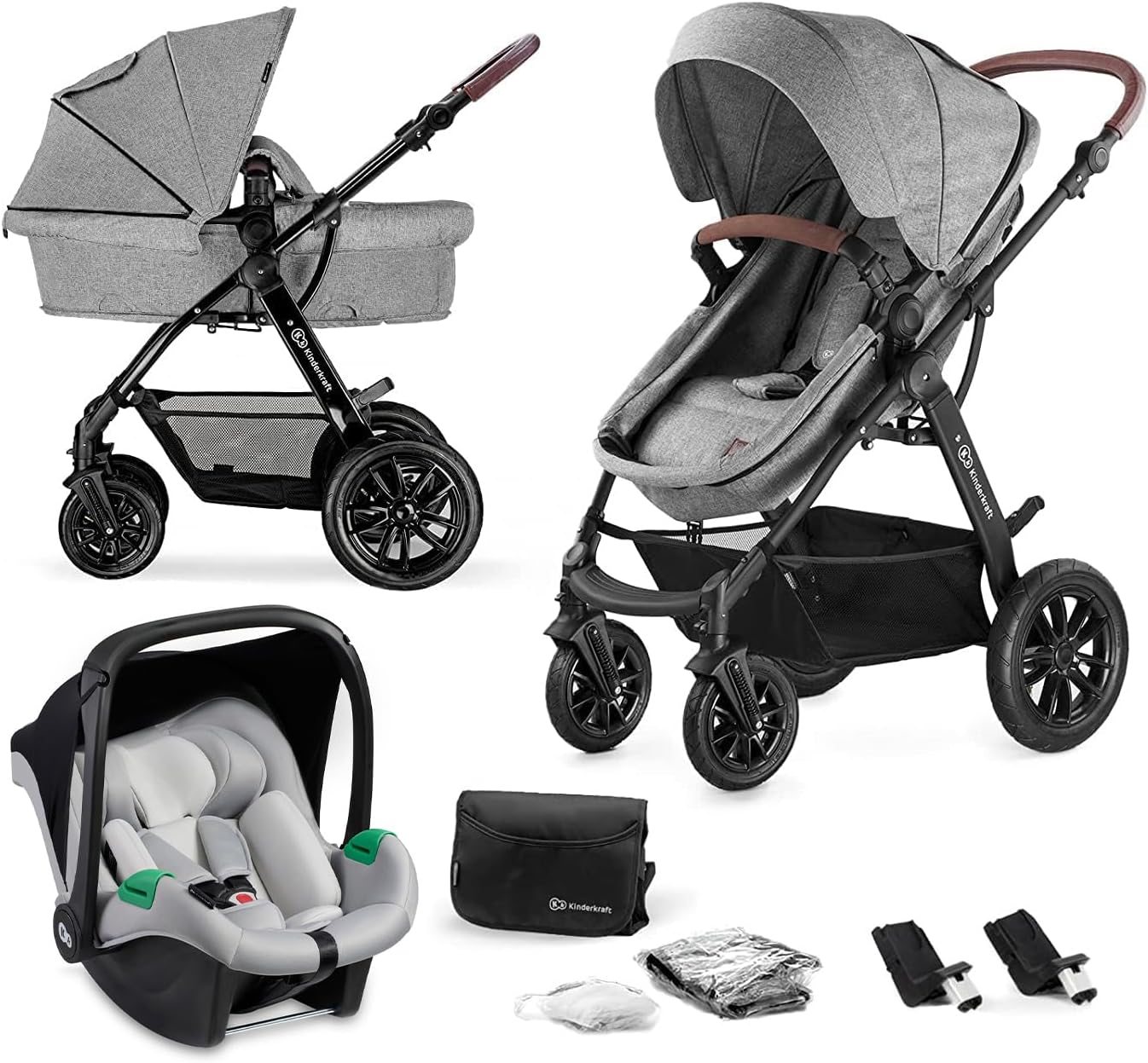 Kinderkraft MOOV carrito bebé 3 piezas, silla coche MINK PRO I-Size incluso, carro 3 en 1, silla paseo, sistema de viaje, plegable, con accesorios, góndola, adaptateurs, 22 kg, mezcla gris
